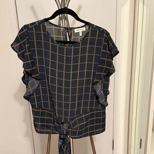 Monteau Navy and Gold Checkered Blouse